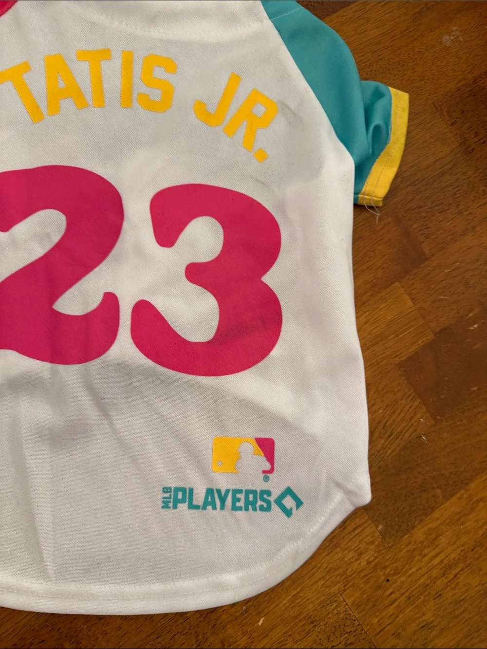 MLB Tatis Jr. #23 White Pink Yellow Teal Dog Jersey Medium